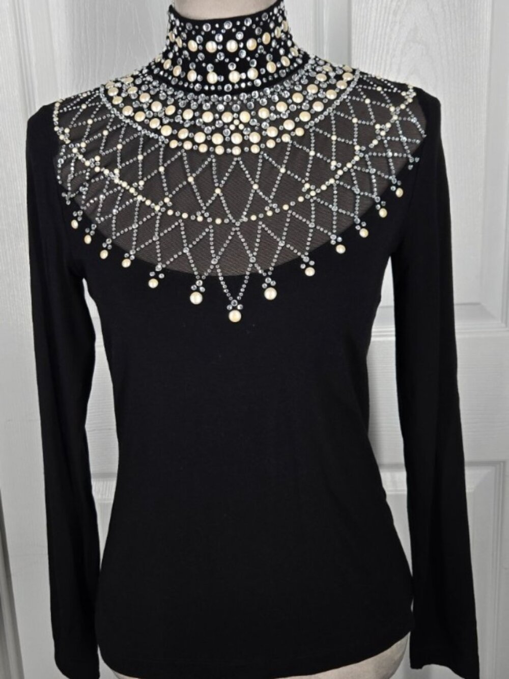 Grayse Embellished Pearl Rhinestone Mesh Mock Neck Top XS Black Glam